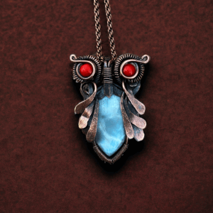 Larimar Owl Copper Pendent/ gift for her jewelry/ anniversary gift for her gift for her/ unique holiday gift for him/ crystal jewelry