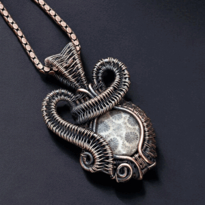 Fossil Coral Stone Copper Pendant Handmade jewelry gift for her