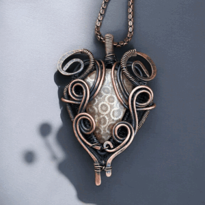 Fossil Coral Stone Copper Pendant Handmade jewelry gift for her