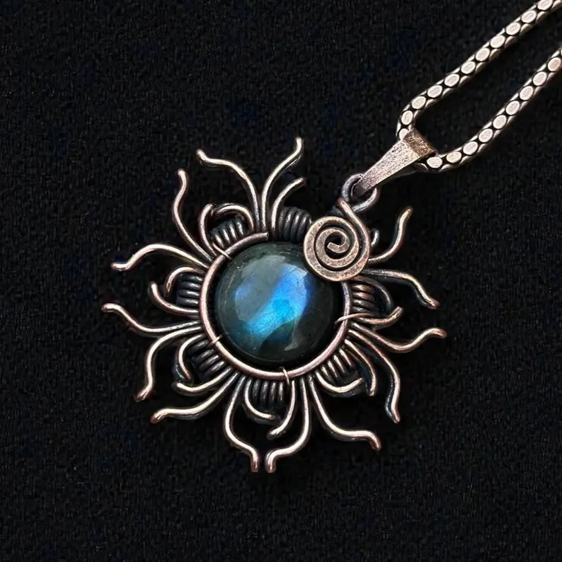 Labradorite Pendant-2 Natural flashy blue labradorite gemstone wrapped in pure solid copper wire