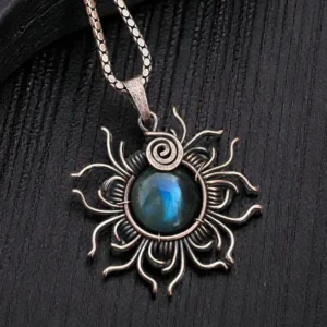 Handmade labradorite copper wire wrapped pendant necklace jewelry by Indiana