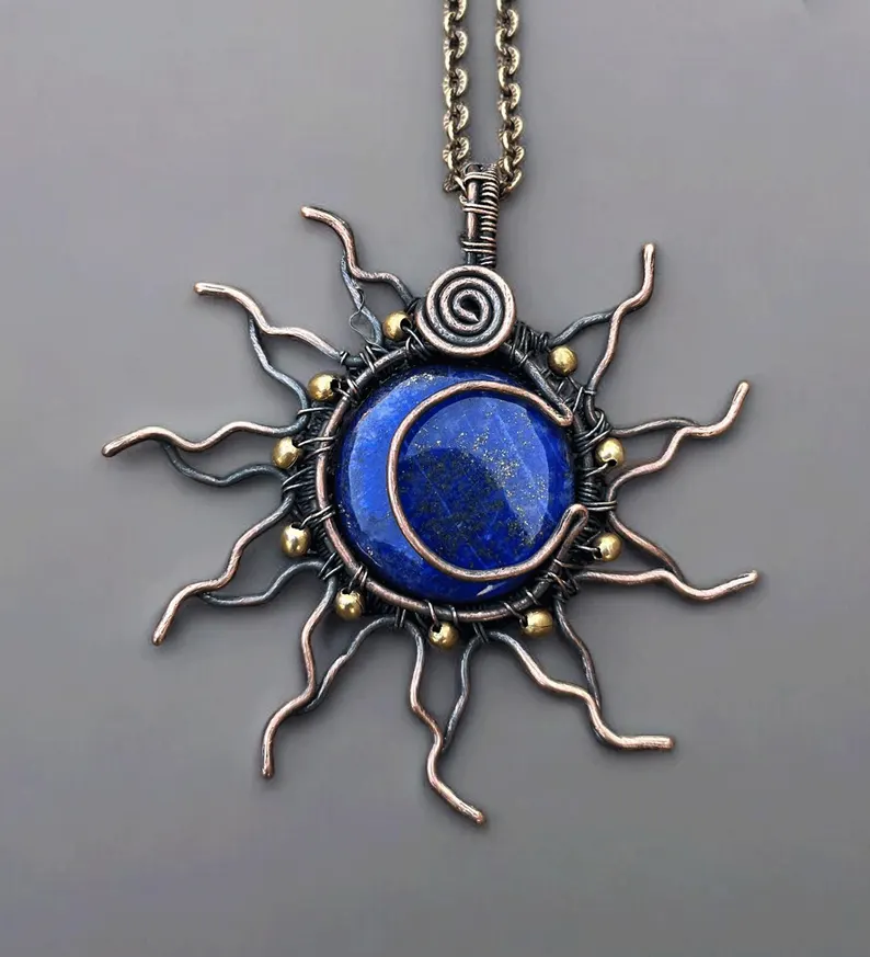 Handmade Lapis Lazuli Sun Copper Wire Wrapped Pendant by Jewellery by Indiana