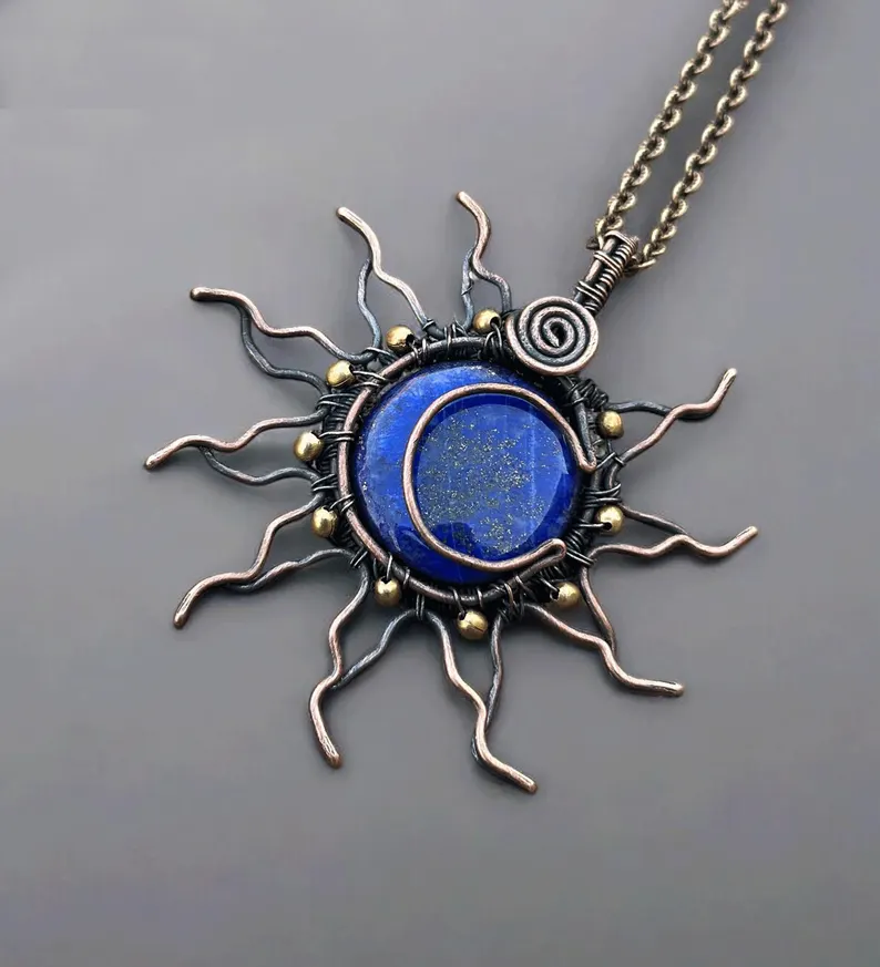 Handmade Lapis Lazuli Sun Copper Wire Wrapped Pendant by Jewellery by Indiana