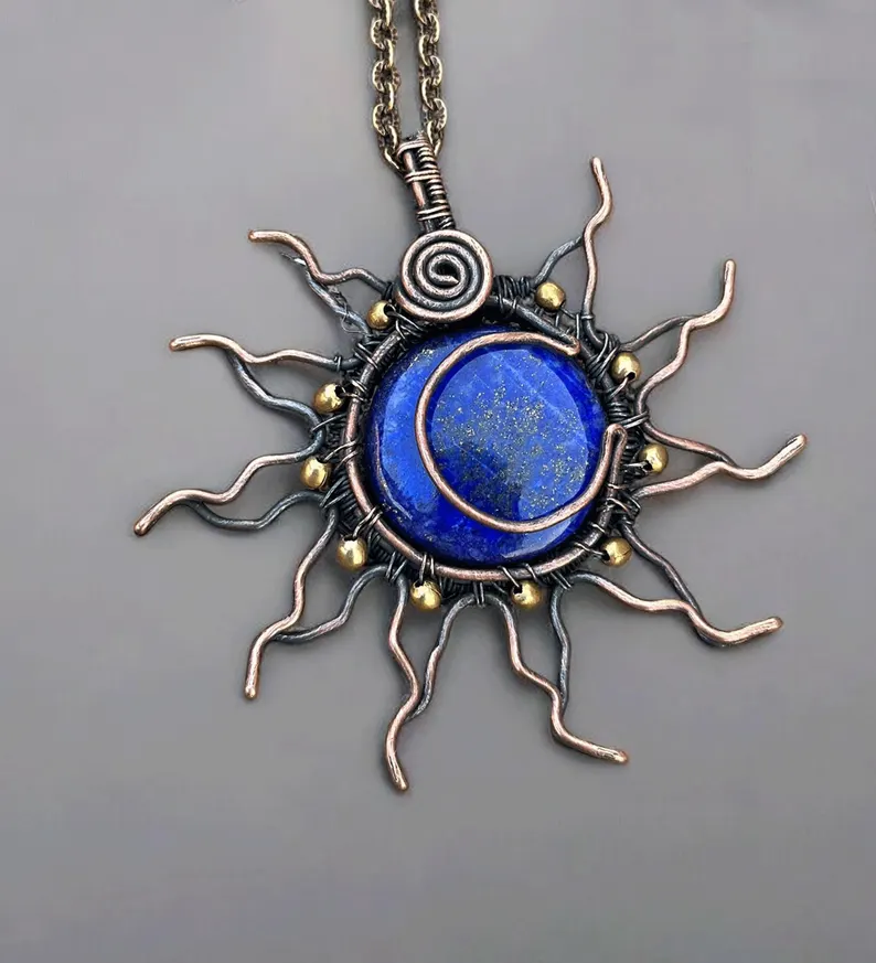 Handmade Lapis Lazuli Sun Copper Wire Wrapped Pendant by Jewellery by Indiana