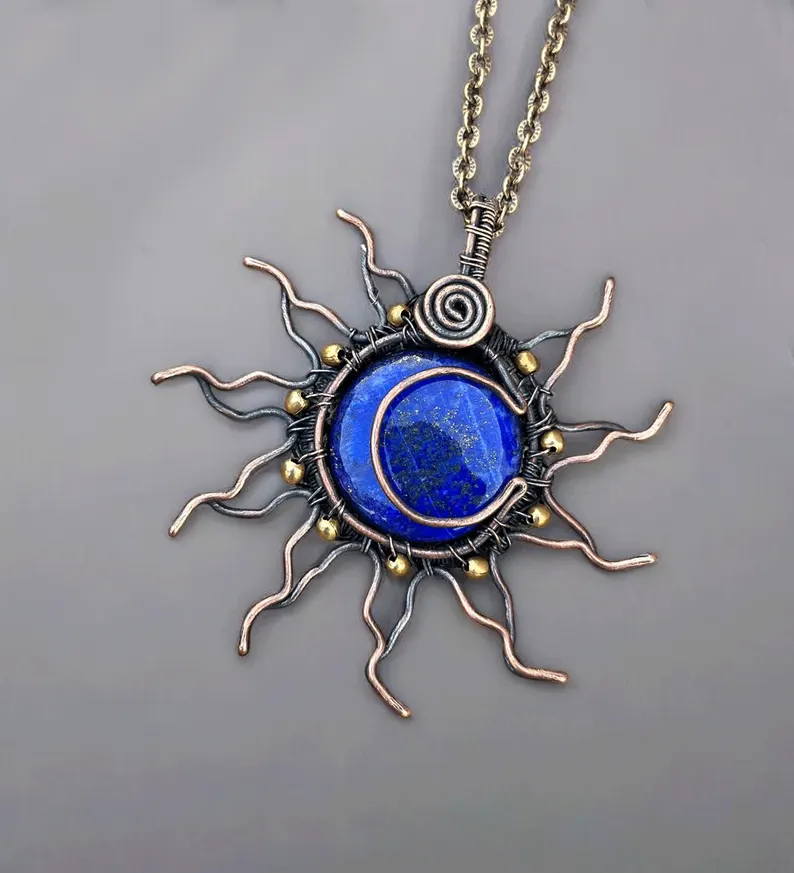 Handmade Lapis Lazuli Sun Copper Wire Wrapped Pendant by Jewellery by Indiana