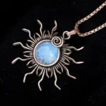 Moonstone-Copper-Pendant-3 Artisan boho style moonstone stone wire wrap necklace close up view