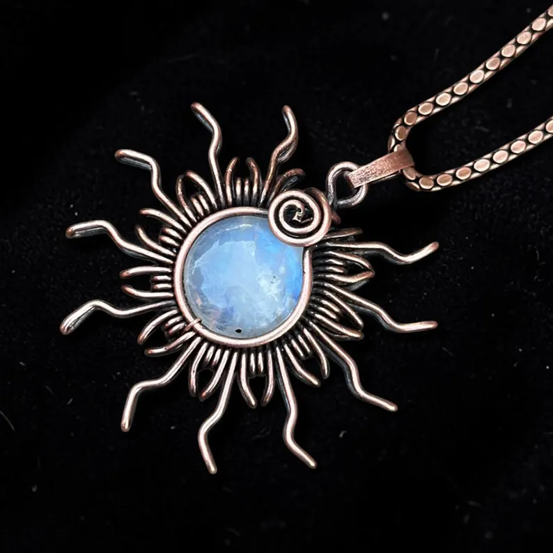 Moonstone-Copper-Pendant-3 Artisan boho style moonstone stone wire wrap necklace close up view