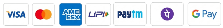 Payment Methods - Visa, Mastercard, Amex, UPI, Paytm, PhonePe, GPay