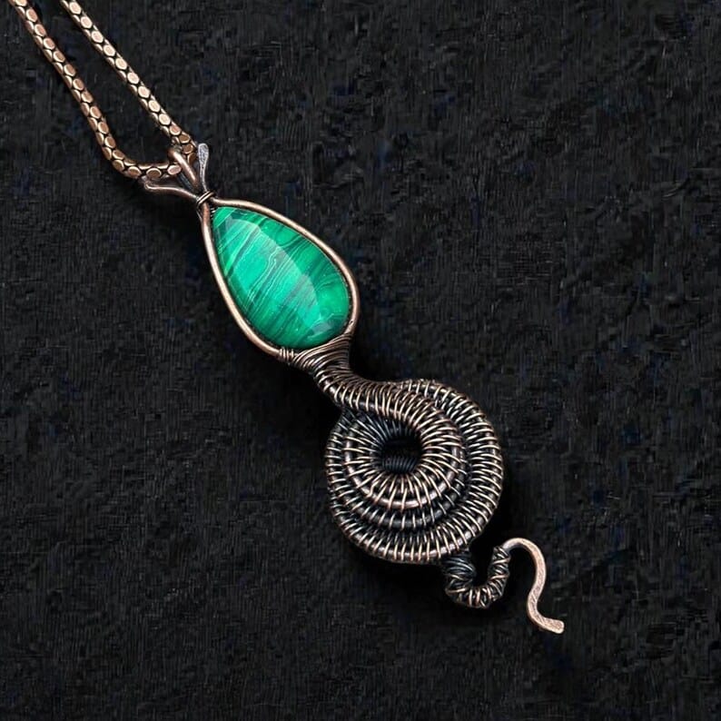 Malachite Gemstone Copper Wire Wrapped Snake Pendant