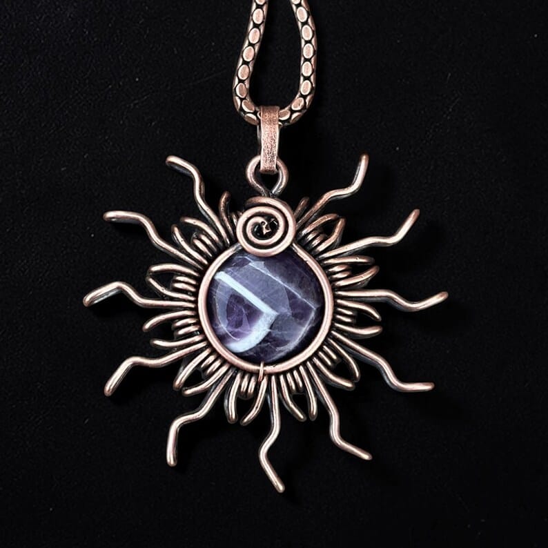 Handcrafted Copper Wire Wrapped Amethyst Pendant Side Details