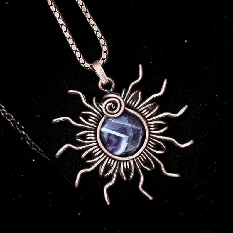 Handcrafted Copper Wire Wrapped Amethyst Pendant Side Details