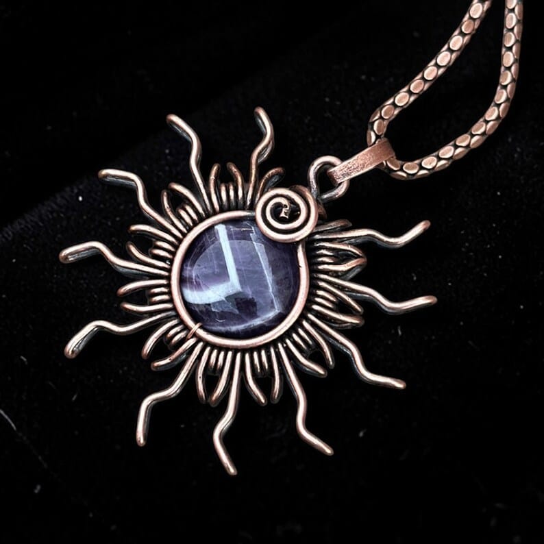 Natural Amethyst Crystal Starburst Pendant Necklace on Model