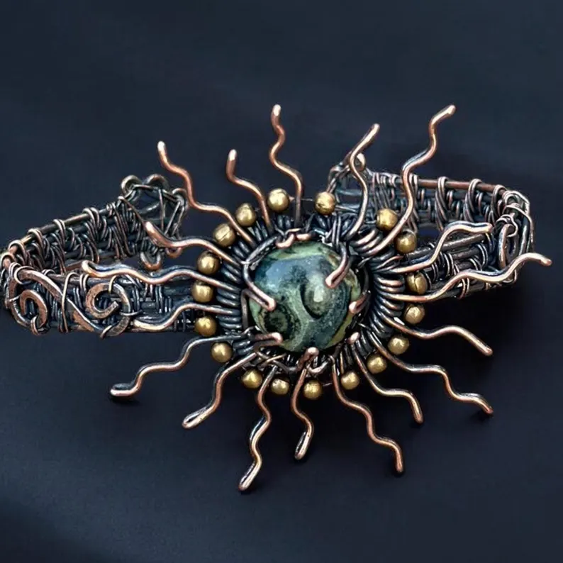 Bloodstone Sunburst Cuff Bracelet -1 Handmade Copper Wire Bloodstone Sunburst Cuff Bracelet